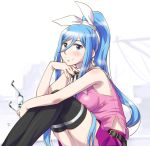  1girl aoki_hagane_no_arpeggio belt black_legwear blue_eyes blue_hair commentary_request hair_ribbon holding_eyewear long_hair miniskirt mole mole_under_mouth pink_shirt ponytail purple_skirt ribbon sameha_ikuya shirt skirt sleeveless sleeveless_shirt solo takao_(aoki_hagane_no_arpeggio) thigh-highs very_long_hair white_ribbon 