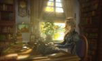  1girl android aqua_eyes blonde_hair book_stack bookshelf chair clock curtains denki paper picture_frame sitting solo table typewriter violet_evergarden violet_evergarden_(character) 