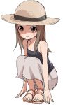  1girl absurdres bare_arms bare_shoulders blush brown_eyes brown_hair camisole closed_mouth commentary_request fingernails full_body grey_skirt hat highres karakai_jouzu_no_takagi-san long_skirt looking_at_viewer no_socks sandals simple_background skirt smile solo squatting straw_hat takagi-san toenails white_background yamamoto_souichirou 