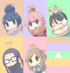  5girls :/ :d ^_^ ahoge animal animal_on_head bangs black-framed_eyewear black_eyes black_hair blue_coat blue_eyes blue_hair blunt_bangs blush brown_background chibi chikuwa_(yurucamp) closed_eyes closed_mouth dog earmuffs eyebrows_visible_through_hair food food_on_head green_background green_eyes grin hair_between_eyes hair_bobbles hair_bun hair_ornament hair_scrunchie inishie inuyama_aoi jitome kagamihara_nadeshiko long_hair looking_at_viewer low_twintails mochi motion_lines multicolored multicolored_background multiple_girls object_on_head on_head oogaki_chiaki open_mouth orange_background orange_scarf pink_background pink_coat pink_hair plaid_coat purple_background purple_hair ramen saitou_ena scarf scrunchie shawl shima_rin short_hair side_ponytail smile solo striped striped_background striped_scarf swept_bangs thick_eyebrows translation_request triangle twintails v-shaped_eyebrows violet_eyes wagashi white_scarf yurucamp zipper 