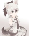  1girl aardwolf_(kemono_friends) aardwolf_ears aardwolf_tail animal_ears bare_shoulders black_eyes black_hair black_neckwear blush closed_mouth collared_shirt elbow_gloves extra_ears eyebrows_visible_through_hair gloves hair_between_eyes kemono_friends long_hair looking_at_viewer multicolored_hair necktie ponytail print_gloves print_legwear shirt shorts sitting sleeveless sleeveless_shirt smile solo tail tatsuno_newo twitter_username two-tone_hair white_hair wing_collar 