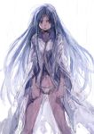  1girl aoki_(fumomo) bathrobe blue_hair chidori_kaname clenched_hands clenched_teeth cowboy_shot determined full_metal_panic! long_hair looking_at_viewer midriff navel panties rain red_eyes simple_background sketch solo teeth torn_clothes underwear white_background white_panties 