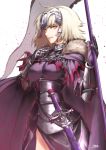  1girl ahoge armor armored_dress banner breasts breasts_apart chains cowboy_shot dress fate/grand_order fate_(series) highres holding holding_weapon itaco1987 jeanne_d&#039;arc_(alter)_(fate) jeanne_d&#039;arc_(fate)_(all) large_breasts long_hair parted_lips purple_dress sheath sheathed signature silver_hair smile solo standing sword weapon yellow_eyes 