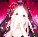  1girl albino breasts cleavage collarbone eyebrows_visible_through_hair fate/zero fate_(series) flower forehead gekka_nanako glowing hands_on_own_cheeks hands_on_own_face head_tilt irisviel_von_einzbern looking_at_viewer medium_breasts parted_lips petals red_eyes red_flower smile solo upper_body veil white_hair yandere_trance 