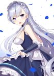  1girl azur_lane belfast_(azur_lane) blush breasts eyebrows_visible_through_hair from_side highres izumo_neru large_breasts long_hair looking_at_viewer maid_headdress open_mouth petals silver_hair smile solo violet_eyes 