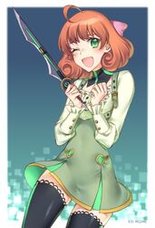  1girl artist_name commentary freckles green_eyes highres kio_rojine one_eye_closed orange_hair penny_polendina power_symbol rwby solo sword thigh-highs weapon 