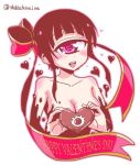  1girl :d bangs black_hair blunt_bangs blush breasts chocolate cleavage commentary_request cyclops dot_nose english hair_ribbon happy_valentine heart heart-shaped_pupils hitomi_sensei_no_hokenshitsu holding large_breasts looking_at_viewer manaka_hitomi naked_chocolate nude one-eyed open_mouth ribbon shake-o simple_background smile solo symbol-shaped_pupils twitter_username valentine white_background 