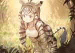  1girl animal_ears animal_print black_hair breast_pocket brown_eyes collared_shirt eyebrows_visible_through_hair impossible_clothes impossible_shirt kemono_friends koruse long_hair long_sleeves looking_at_viewer multicolored_hair outdoors plains_zebra_(kemono_friends) pocket shirt solo tail very_long_hair white_hair white_shirt zebra_ears zebra_print zebra_tail 