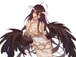 1girl absurdres albedo bare_shoulders black_hair breasts demon_girl demon_horns demon_wings dress hair_between_eyes highres horns iron_(2486886134) large_breasts long_hair looking_at_viewer overlord_(maruyama) simple_background smile solo tongue tongue_out white_background white_dress wings yellow_eyes 