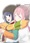 2girls :d ^_^ beanie blue_hair blush closed_eyes closed_mouth eyebrows_visible_through_hair from_side hat head_tilt highres hug hug_from_behind kagamihara_nadeshiko kanchan_(kanchan220) long_sleeves looking_at_viewer multicolored_coat multiple_girls open_mouth outline pink_hair scarf shared_scarf shima_rin smile striped striped_scarf violet_eyes white_background white_coat yurucamp 