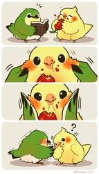  4koma ? beach bird black_eyes blush book cheek_pinching cockatiel comic eating era_(traveling_bird) grey_background japanese_white-eye no_humans original pinching reading 