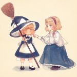  2girls age_difference alice_margatroid apron black_footwear blonde_hair blue_dress blue_eyes blue_skirt bow broom capelet closed_mouth collared_dress commentary_request dress frilled_skirt frills full_body hairband hand_on_own_cheek hat hat_bow holding holding_broom kirisame_marisa long_sleeves mary_janes multiple_girls poking puffy_long_sleeves puffy_sleeves shoes short_hair skirt socks squatting standing touhou traditional_media waist_apron white_bow white_legwear witch_hat yellow_eyes younger yujup 