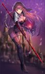  armor armored_boots bangs blurry blurry_background bodysuit boots breasts cityscape cleavage covered_navel eyebrows_visible_through_hair fate/grand_order fate_(series) fire full_body gae_bolg hair_intakes highres holding holding_weapon large_breasts leaning_forward lee_seok_ho long_hair looking_at_viewer pauldrons petals polearm purple_bodysuit purple_hair red_eyes scathach_(fate/grand_order) shoulder_armor smile spear standing veil weapon 