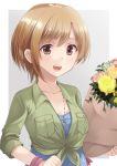  1girl :d aiba_yumi bangs blonde_hair blue_dress blush bouquet breast_pocket closed_eyes collar collared_shirt dress eyebrows_visible_through_hair floral_print flower front-tie_top green_shirt highres holding holding_bouquet idolmaster idolmaster_cinderella_girls jewelry looking_at_viewer marimo_kei medium_hair necklace open_mouth pocket round_teeth shirt short_hair sleeves_past_elbows smile solo tareme teeth tied_shirt upper_body wing_collar wristband yellow_flower 