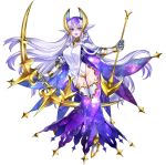  1girl absurdres arrow blush bow_(weapon) earrings gauntlets headwear high_heels highres jewelry katagiri_hachigou long_hair lunala open_mouth open_pants personification pokemon shoulder_pads simple_background smile solo star star_print thigh-highs very_long_hair violet_eyes weapon white_hair 