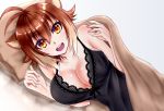  1girl animal_ears antenna_hair blazblue breasts brown_hair chemise chukachuka cleavage highres large_breasts lingerie looking_at_viewer makoto_nanaya multicolored_hair on_bed open_mouth orange_eyes pillow short_hair smile solo squirrel_ears two-tone_hair under_covers underwear upper_body 