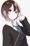  1girl alternate_hair_length alternate_hairstyle blue_eyes brown_hair earphones half_updo highres idolmaster idolmaster_cinderella_girls image_sample necktie shibuya_rin short_hair sinsihukunokonaka twitter_sample 