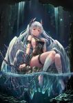  1girl bandage bangs barefoot blunt_bangs blush breasts cave chains commentary_request crying full_body highres long_hair looking_at_viewer medium_breasts multiple_wings original red_eyes sideboob silver_hair sitting soaking_feet solo tama_satou tears two_side_up vambraces water white_wings wings 