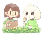  androgynous asriel_dreemurr blush book brown_eyes brown_hair chara_(undertale) fang flower green_sweater long_sleeves monster_boy reading sasa_kichi smile undertale white_background 