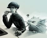  1boy ? black_eyes black_hat commentary computer_mouse creature eyelashes grey hat holding_stylus long_sleeves madcookiefighter male_focus monochrome pokemon pokemon_(creature) pokemon_(game) pokemon_frlg pokemon_gsc pokemon_hgss pokemon_rgby raticate short_hair sitting table team_rocket team_rocket_grunt turtleneck 