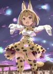  :o animal_ears blonde_hair bow bowtie elbow_gloves extra_ears gloves high-waist_skirt highres kemono_friends mountain outstretched_arms print_legwear print_neckwear print_skirt sandstar sekira_ame serval_(kemono_friends) serval_ears serval_tail short_hair skirt sleeveless tail thigh-highs yellow_eyes zettai_ryouiki 