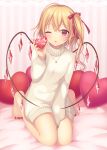  1girl ;o ahoge alternate_costume bangs barefoot bed_sheet between_legs blonde_hair crystal dress eyebrows_visible_through_hair flandre_scarlet full_body gem hair_ribbon hand_between_legs heart heart_necklace heart_pillow heart_wings highres holding jewelry kneeling knees_together_feet_apart long_hair long_sleeves looking_at_viewer nail_polish no_hat no_headwear one_eye_closed one_side_up open_mouth pendant pillow pointy_ears red_nails red_ribbon ribbon shiny shiny_hair solo striped sweater sweater_dress toenail_polish touhou valentine vertical-striped_background vertical_stripes white_dress white_sweater wings yamayu 