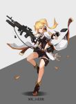  ankle_boots bangs battle_rifle black_footwear black_gloves black_shorts blonde_hair boots breasts cleavage ear_protection fingerless_gloves full_body girls_frontline gloves gun holding holding_gun holding_weapon jacket leg_up long_hair looking_at_viewer m14 m14_(girls_frontline) mai_(xskdizzy) medium_breasts necktie open_clothes open_jacket pouch red_eyes rifle shell_casing short_sleeves shorts smoke standing standing_on_one_leg thigh_strap trigger_discipline twintails two-tone_background waist_cape weapon white_jacket zipper 