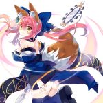  1girl animal_ears bare_shoulders blue_legwear blue_ribbon blush bow breasts detached_sleeves eyebrows_visible_through_hair fate/extra fate/grand_order fate_(series) fox_ears fox_tail hair_bow hair_ribbon highres japanese_clothes kanari_no_binetsu large_breasts long_hair looking_at_viewer looking_to_the_side mirror panties pink_hair ribbon solo suiten_nikkou_amaterasu_yanoshisu_ishi tail tamamo_(fate)_(all) tamamo_no_mae_(fate) thigh-highs twintails underwear white_panties yellow_eyes 