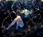  androgynous bubble crack gem_uniform_(houseki_no_kuni) gold green_eyes green_hair highres houseki_no_kuni looking_at_viewer nana_colors necktie phosphophyllite short_hair shorts solo 