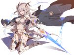  1girl :d breasts cape covered_navel earrings elf erect_nipples gauntlets greaves grey_hair holding holding_sword holding_weapon jewelry kneeling leotard long_hair looking_at_viewer navel necklace open_mouth original pointy_ears revealing_clothes smile sword tajima_ryuushi two_side_up violet_eyes weapon 