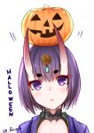  1girl :o absurdres bangs bee_doushi blush commentary_request eyebrows_visible_through_hair fate/grand_order fate_(series) hair_between_eyes hair_ornament halloween head_tilt highres horns jack-o&#039;-lantern on_head oni oni_horns parted_lips portrait purple_hair shuten_douji_(fate/grand_order) solo thick_eyebrows twitter_username violet_eyes white_background 
