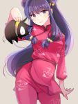  1girl chinese_clothes contrapposto cowboy_shot double_bun floral_print grey_background hair_bobbles hair_ornament highres kate_iwana looking_at_viewer p-chan pig purple_hair ranma_1/2 shampoo_(ranma_1/2) simple_background violet_eyes x_x 