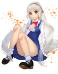  1girl altera_(fate) alternate_costume black_footwear blue_dress bobby_socks bow bowtie commentary_request dress fate/grand_order fate_(series) full_body gaoyang_ou_nisang head_tilt highres knees_together_feet_apart long_sleeves looking_at_viewer parted_lips red_eyes red_neckwear shirt shoes short_hair silver_hair sitting sleeveless sleeveless_dress sleeves_past_wrists socks solo veil white_background white_legwear white_shirt 