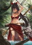  1girl arm_up arrow bare_shoulders belt bird bird_request black_hair bow bow_(weapon) branch breasts bush cleavage closed_mouth hair_bow hips holding holding_arrow holding_bow_(weapon) holding_weapon in_water jngle legs long_hair long_ponytail medium_breasts original ponytail quiver red_bikini_top red_bow river sarong solo standing standing_in_water thigh_strap toka_(marchlizard) tree very_long_hair violet_eyes weapon 