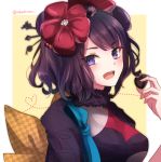  1girl :d absurdres bangs blue_eyes blush chocolate commentary_request eyebrows_visible_through_hair fate/grand_order fate_(series) fur_trim hair_ornament heart-shaped_food highres holding katsushika_hokusai_(fate/grand_order) long_sleeves obi open_mouth purple_hair sash smile solo tanaji twitter_username upper_body 