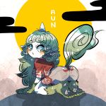  1girl all_fours ass barefoot bent_knees character_name clouds commentary_request curly_hair eyelashes from_behind full_body green_eyes green_hair horn kariyushi_shirt komano_aun long_hair looking_at_viewer shadow short_sleeves shorts solo sparkle sun tail touhou yt_(wai-tei) 