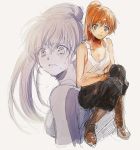  1girl aoki_(fumomo) boots breasts cleavage crossed_arms crying crying_with_eyes_open full_metal_panic! grey_eyes long_hair looking_at_viewer medium_breasts multiple_views nami_(full_metal_panic!) orange_hair pants ponytail simple_background sketch solo tank_top tears white_background 