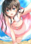  1girl :d :p all_fours bangs bare_arms bare_shoulders beach bikini blush breasts brown_hair cleavage clouds eyebrows_visible_through_hair fisheye foreshortening hair_ornament hairclip horizon innertube japanese_clothes kimono long_hair looking_at_viewer medium_breasts moe2018 navel ocean open_mouth original outstretched_arm ponika sand self_shot shore side-tie_bikini smile solo stomach swimsuit tareme thigh_gap tongue tongue_out transparent water white_bikini 