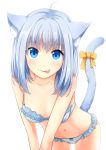  1girl :q absurdres ahoge animal_ears bangs bare_shoulders bikini blue_bikini bow cat_ears cat_tail closed_mouth collarbone eyebrows_visible_through_hair fang frilled_bikini frills highres leaning_forward lips long_hair navel orange_bow original sanpaku shiny shiny_hair simple_background smile solo stomach swimsuit tail tail_bow tareme tongue tongue_out tsunamayo_(flying_cat) white_background 