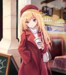  1girl augu_(523764197) bag blonde_hair blue_eyes blush closed_mouth coat eyebrows_visible_through_hair hand_in_pocket handbag hat highres long_hair looking_at_viewer original outdoors red_coat red_hat smile solo starbucks 