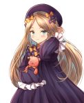  1girl abigail_williams_(fate/grand_order) bangs black_bow black_dress black_hat blonde_hair blue_eyes blush bow butterfly closed_mouth commentary_request dress eyebrows_visible_through_hair fate/grand_order fate_(series) hair_bow hair_tucking hat highres long_hair long_sleeves looking_at_viewer melynx_(user_aot2846) object_hug orange_bow parted_bangs polka_dot polka_dot_bow simple_background sleeves_past_fingers sleeves_past_wrists solo stuffed_animal stuffed_toy teddy_bear very_long_hair white_background 