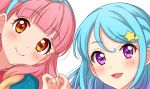  2girls :d aikatsu! aikatsu_friends! blue_hair blush brown_eyes closed_mouth commentary_request eyebrows_visible_through_hair gradient_hair hairband hand_up lips looking_at_viewer minato_mio multicolored_hair multiple_girls open_mouth pink_hair sekina simple_background smile violet_eyes white_background yuuki_aine 