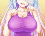  1girl arms_up blue_hair blush breasts cleavage collarbone commentary_request fangs gradient gradient_background head_out_of_frame head_tilt huge_breasts long_hair open_mouth original paw_pose purple_shirt shirt simple_background tank_top teeth tongue upper_body yellow_background zuizhong 