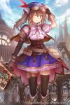  1girl age_of_ishtaria belt blue_eyes boots brown_hair daedalus_(age_of_ishtaria) fingerless_gloves gloves goggles goggles_on_headwear hat long_hair official_art one_eye_closed side_ponytail sky solo thigh-highs uuta_(uturautouto) 