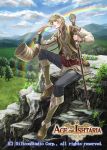  1boy age_of_ishtaria belt blonde_hair blue_eyes boots company_name copyright_name flower grass heimdallr_(age_of_ishtaria) hinata_gureko horn_(instrument) male_focus mountain rainbow rock sitting sky solo staff teeth tree 