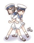  2girls back-to-back black_eyes black_hair bob_cut brown_eyes brown_hair daitou_(kantai_collection) depth_charge dress full_body hat hiburi_(kantai_collection) kantai_collection karasu_(naoshow357) locked_arms low_ponytail multiple_girls sailor_collar sailor_dress sailor_hat short_hair short_sleeves simple_background standing white_background white_hat 