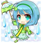  1girl :d aqua_eyes backpack bag bangs blue_background blue_hair blush boots bow bowtie braid chibi commentary_request dress eyebrows_visible_through_hair frilled_sleeves frills frog full_body green_dress green_footwear green_hairband green_neckwear green_umbrella hair_between_eyes holding holding_umbrella long_sleeves looking_at_viewer low_twintails open_mouth outstretched_arm polka_dot polka_dot_background rubber_boots shironeko_project smile solo tsuyuha_(shironeko_project) twin_braids twintails twitter_username umbrella water_drop wide_sleeves yukiyuki_441 