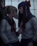  2girls absurdres bangs blonde_hair bow breasts commentary ears_visible_through_hair guweiz hair_bow highres ilya_kuvshinov_(style) long_hair looking_at_another multiple_girls photo-referenced pipimi poptepipic popuko purple_hair red_bow school_uniform standing tied_hair window 
