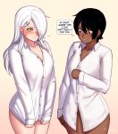  ... 2girls andrea_vaeyl black_hair blue_eyes blush breasts cleavage collarbone dark_skin dress_shirt embarrassed english hair_ornament hairclip k&#039;lyn medium_breasts multiple_girls naked_shirt no_panties original pubic_hair razalor shirt shirt_tug speech_bubble sweatdrop unbuttoned unbuttoned_shirt very_dark_skin white_hair yellow_eyes 