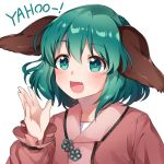  1girl animal_ears blush caramell0501 collarbone commentary_request dress english eyebrows_visible_through_hair fang green_eyes green_hair hand_up kasodani_kyouko long_sleeves open_mouth pink_dress short_hair simple_background skirt smile solo touhou upper_body white_background 